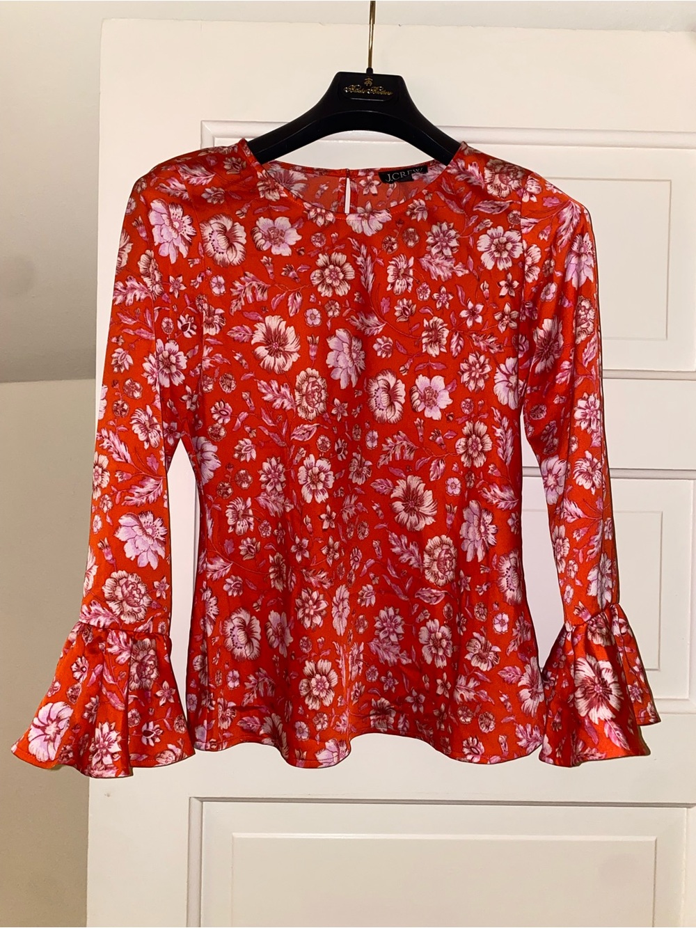 J. Crew Red Floral Ruffle-Sleeve Blouse